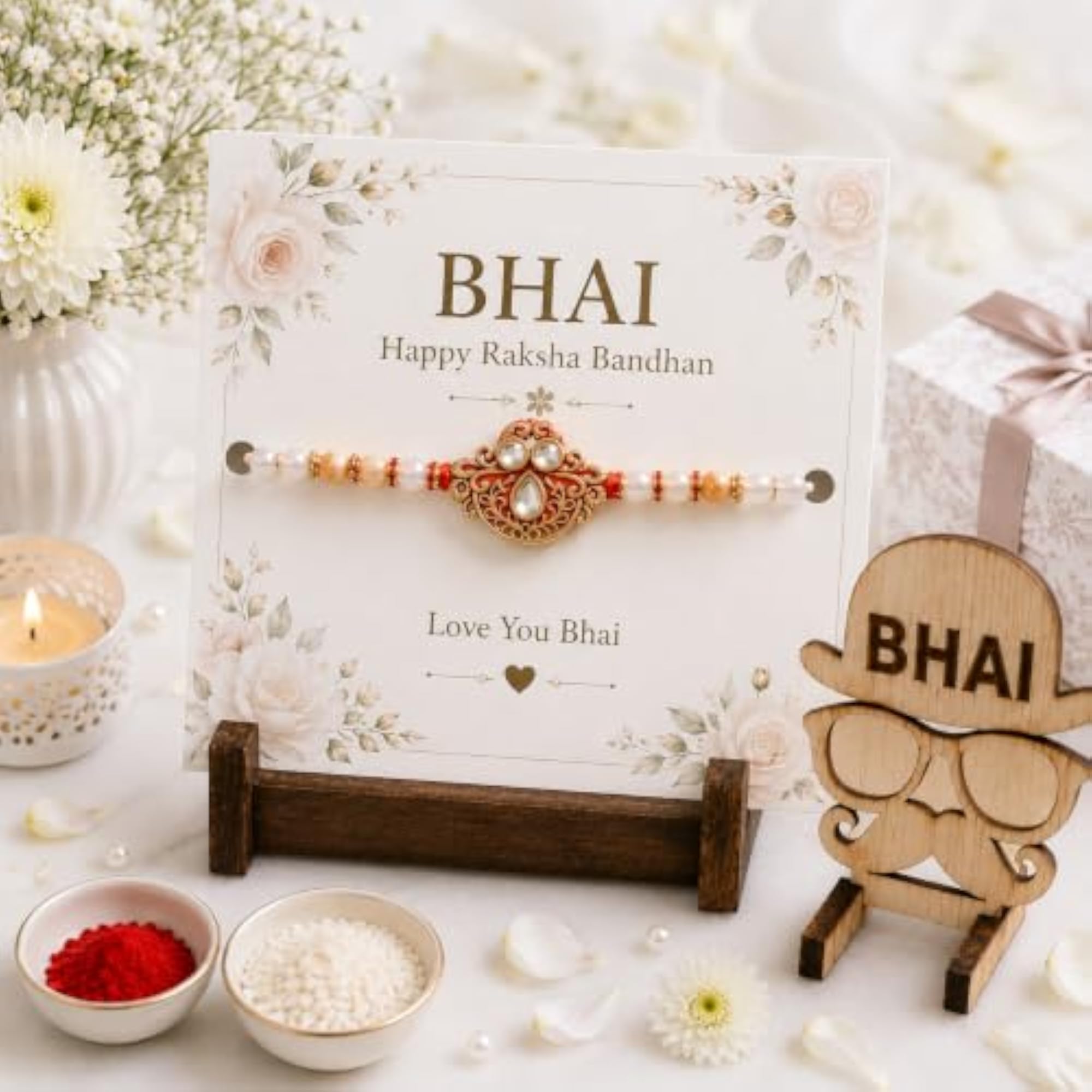 Handmade Rakhi Set with MDF Stand, Fancy Bhabhiyya Gift